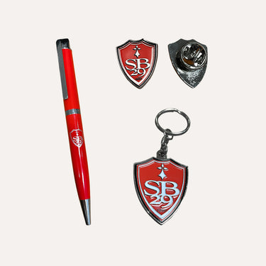 Coffret stylo, porte clef, pin's