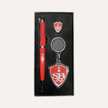 Coffret stylo, porte clef, pin's